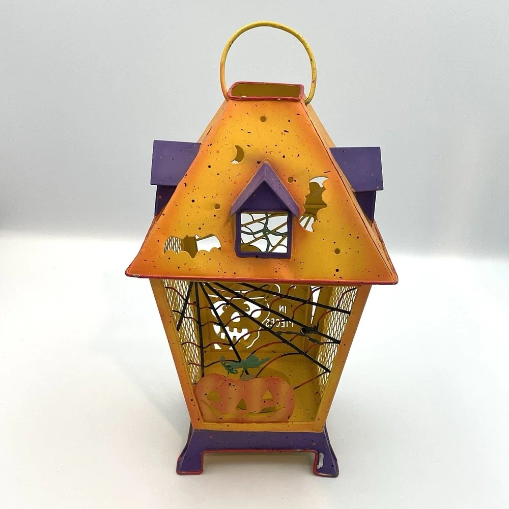 VTG‎ Halloween Lantern Tealight Candle Holder Spooky Hollow Metal Cage 2001